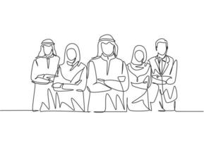 un groupe de dessin au trait continu de jeunes femmes d'affaires musulmanes et multiethniques s'alignent ensemble. foulard islamique, keffieh, costume hijab. illustration vectorielle de dessin à une seule ligne vecteur