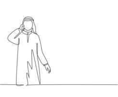 dessin au trait continu unique d'un jeune homme d'affaires musulman appelant son partenaire commercial avec smarphone. tissu arabe moyen-orient shmagh, kandura, thawb. une ligne dessiner illustration vectorielle de conception vecteur