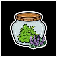 lavande saveur avec dessin animé mascotte de cannabis bourgeon sur pot. pour autocollant et étiqueter. vecteur