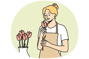 femme souriante en tablier avec des fleurs en magasin. fleuriste femme heureuse travaillant avec la composition de roses dans un magasin de fleurs. illustration vectorielle. vecteur