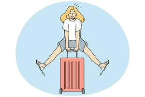 jeune femme excitée avec une valise se sentant joyeuse avec les vacances d'été. fille souriante prête pour les vacances d'été. illustration vectorielle. vecteur