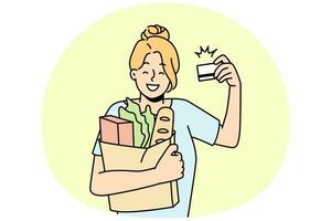 cliente souriante faisant ses courses dans un supermarché avec carte de crédit. heureuse cliente épicerie avec système bancaire. illustration vectorielle. vecteur