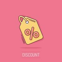 icône de balise de magasinage de remise de dessin animé de vecteur dans le style comique. pictogramme d'illustration de concept de coupon de pourcentage de réduction. concept d'effet d'éclaboussure de badge de boutique.