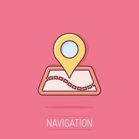 icône de pointeur de carte de dessin animé de vecteur dans le style comique. pictogramme d'illustration de marque de navigation gps. concept d'effet d'éclaboussure d'entreprise de destination de pointeur.