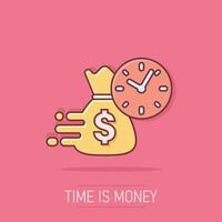 icône de gestion des affaires et des finances de dessin animé de vecteur dans le style comique. le temps est un pictogramme d'illustration de concept d'argent. concept d'effet d'éclaboussure d'entreprise de stratégie financière.