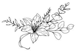 fleurs sauvages ligne dessin. noir et blanc floral bouquets. fleur coloration page. floral ligne art. bien ligne fleurs sauvages illustration. main tiré fleurs. botanique coloration. mariage invitation fleurs vecteur