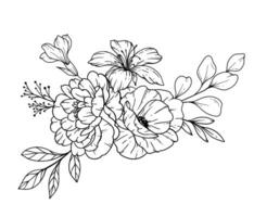 fleurs sauvages ligne dessin. noir et blanc floral bouquets. fleur coloration page. floral ligne art. bien ligne fleurs sauvages illustration. main tiré fleurs. botanique coloration. mariage invitation fleurs vecteur