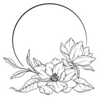 magnolia ligne dessin. noir et blanc floral cadres. floral ligne art. bien ligne magnolia illustration. main tiré contour fleurs. botanique coloration page. mariage invitation fleurs vecteur