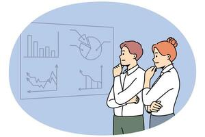 les hommes d'affaires pensifs regardent le remue-méninges du conseil d'administration sur les idées financières. les employés réfléchis coopèrent ensemble engagés dans la pensée d'équipe. travail en équipe. illustration vectorielle. vecteur