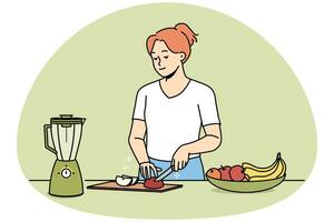 heureuse jeune femme hacher des fruits pour smoothie. une fille souriante coupe des fruits frais dans la cuisine et suit un mode de vie sain. illustration vectorielle. vecteur