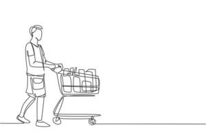 une seule ligne dessinant un jeune homme heureux poussant un chariot achetant du lait, des produits quotidiens, des produits biologiques dans un magasin de gros. concept de magasinage au détail commercial. illustration de conception de dessin en ligne continue vecteur