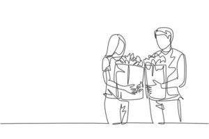 dessin au trait continu unique jeune couple heureux tenant un sac en papier d'épicerie après avoir fait des emplettes ensemble à l'épicerie. concept d'achat de marchandises quotidiennes. une ligne dessiner vector illustration de conception graphique