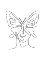 une ligne continue dessinant un visage abstrait de femme sexy avec le logo d'ailes de papillon. concept de style minimaliste de portrait féminin. icône cosmétique. illustration graphique de vecteur de conception de dessin de ligne unique dynamique