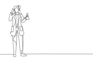 Une femme scientifique en dessin continu se tient debout avec le geste de l'appel et tient un tube de mesure rempli de liquide chimique. entreprise de réussite. illustration graphique de vecteur de conception de dessin à une seule ligne