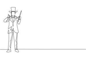 un seul dessin d'une ligne de magicien se tient avec un geste du pouce levé portant un chapeau et tenant une baguette magique exécutant des tours lors d'un spectacle de cirque. ligne continue dessiner illustration vectorielle graphique de conception. vecteur