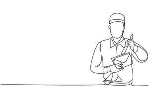 un seul dessin d'un facteur portant un chapeau et un uniforme avec un geste du pouce levé tient l'enveloppe au travail pour la livraison à domicile. ligne continue moderne dessiner illustration vectorielle graphique de conception. vecteur