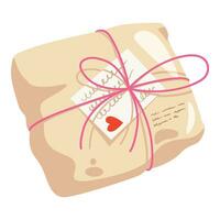 la Saint-Valentin journée colis. beige kraft papier paquet décoré avec une rose arc et l'amour lettre. plat illustration pour bannières, salutation cartes, et emballage conception. vecteur illustration.