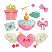 la Saint-Valentin journée rose clipart. en volant cœur, cadeau boîte, l'amour parfum, lettre, et La Flèche pour salutation cartes, bannières, paquet conceptions, et invitations. ensemble de dessin animé plat vecteur illustrations.