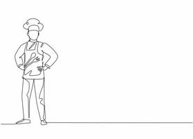 dessin au trait continu unique d'un jeune chef masculin portant une pose uniforme debout dans la cuisine. travail professionnel emploi emploi. concept de minimalisme une ligne dessiner illustration vectorielle de conception graphique vecteur