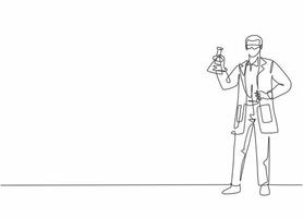un dessin continu d'un jeune scientifique masculin tenant un flacon contient une formule de vaccin contre la maladie. concept minimaliste de profession d'emploi professionnel. illustration graphique de vecteur de conception de dessin à une seule ligne