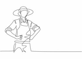 dessin d'une seule ligne d'un jeune agriculteur portant un tissu agricole avec un chapeau de paille. profession de travail professionnel et concept minimal d'occupation. illustration vectorielle graphique de conception de dessin de ligne continue vecteur