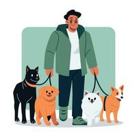 homme en marchant chiens vecteur illustration dans plat ligne dessin animé style homme avec animaux domestiques