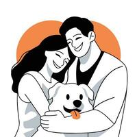 content couple étreindre avec chien vecteur illustration dans plat ligne dessin animé style