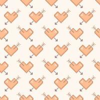 pixel style cœurs avec La Flèche sans couture modèle. pixel cœurs dans pêche duvet couleur, rétro vidéo Jeu conception pour valentines journée vecteur