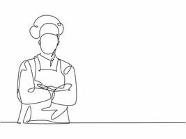 dessin au trait continu unique d'un jeune chef masculin confiant et beau en uniforme pose debout et croisant le bras dans la poitrine. Concept de modèle de bannière resto un dessin au trait design illustration graphique vectorielle vecteur