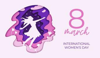 une carte postale dans le papercut style. international aux femmes journée. égalité et aux femmes droits. vecteur illustration. rose et violet couleurs