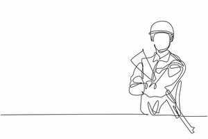 dessin au trait continu unique d'un jeune soldat bras croisé sur la poitrine et tenant une arme à carabine. travail professionnel emploi emploi. concept de minimalisme une ligne dessiner illustration vectorielle de conception graphique vecteur