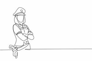 dessin au trait continu unique d'une jeune femme de police de beauté en uniforme posant les bras croisés sur la poitrine. travail professionnel emploi emploi. concept de minimalisme une ligne dessiner illustration vectorielle de conception graphique vecteur