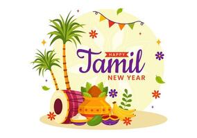 content Tamil Nouveau année vecteur illustration avec vishu fleurs, noix de coco, bougie, des pots et Indien hindou Festival dans plat dessin animé Contexte conception