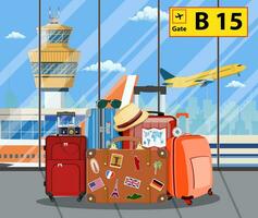 Voyage les valises à l'intérieur de aéroport avec une avion, vecteur