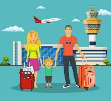 Jeune famille avec les enfants dans de face de le aéroport vecteur