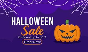 bannière de vente halloween plat violet avec citrouille vecteur