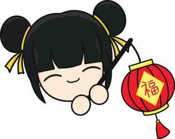 chinois Nouveau année, mignonne mascotte enfant avec noir cheveux en portant rouge lanterne et dessin animé illustration. vecteur