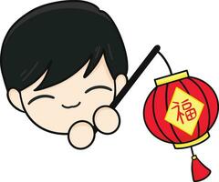 chinois Nouveau année, mignonne mascotte enfant avec noir cheveux en portant rouge lanterne et dessin animé illustration. vecteur