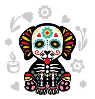journée de le mort, dia de los morts, animal crâne et squelette décoré avec mexicain éléments et fleurs. chiot squelette. chien squelette vecteur