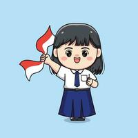 mignonne junior haute école étudiant fille en portant indonésien drapeau chibi kawaii vecteur