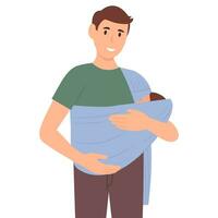 souriant homme détient le sien bébé dans une tissu transporteur. père étreindre enfant dans bébé fronde. bébé sentiment l'amour et protection de père. vecteur illustration
