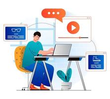 concept de marketing vidéo dans un design plat moderne. l'homme crée du contenu vidéo publicitaire, le publie et l'optimise pour la recherche, attire le public. stratégie de promotion en ligne réussie. illustration vectorielle vecteur