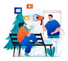 concept de marketing numérique dans un design plat moderne. homme avec mégaphone attire les clients. la femme voit la publicité dans l'application mobile. promotion en ligne et campagne publicitaire. illustration vectorielle vecteur