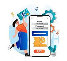 concept de banque mobile dans un design plat moderne. femme accédant au compte financier et à la carte de crédit dans l'application mobile. le client utilise un compte bancaire en ligne, reçoit des services financiers. illustration vectorielle vecteur