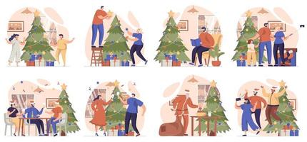 collection de scènes de noël isolées. les gens font des bonhommes de neige, offrent des cadeaux et célèbrent des vacances à la maison, dans un design plat. illustration vectorielle pour les blogs, site Web, application mobile, matériel promotionnel vecteur