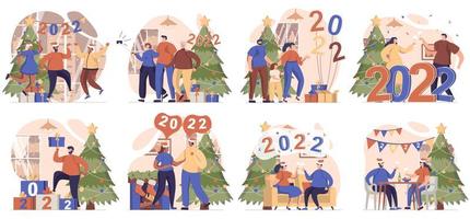 bonne année collection de scènes isolées. personnes célébrant 2022, s'amusant lors d'une fête festive, dans un design plat. illustration vectorielle pour les blogs, site Web, application mobile, matériel promotionnel. vecteur