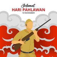 hari pahlawan ou indonésie heroes day background avec soldat tenant une arme vecteur