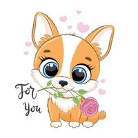 mignon petit chien avec fleur. clipart de la Saint-Valentin heureuse. vecteur