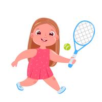 Mignonne petite fille jouant au tennis avec raquette à la cour. Faire du sport une vie saine. Routine quotidienne. Illustration de dessin animé de vecteur