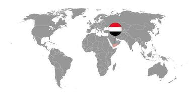 épinglez la carte avec le drapeau du yémen sur la carte du monde. illustration vectorielle. vecteur